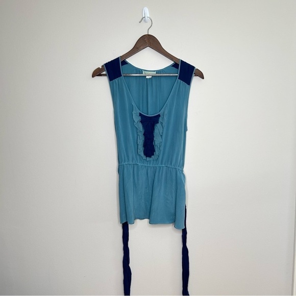 Anthropologie lil Silk Blouse Sleeveless Tie Belt Two Toned Blue Size 8 - Picture 3 of 10